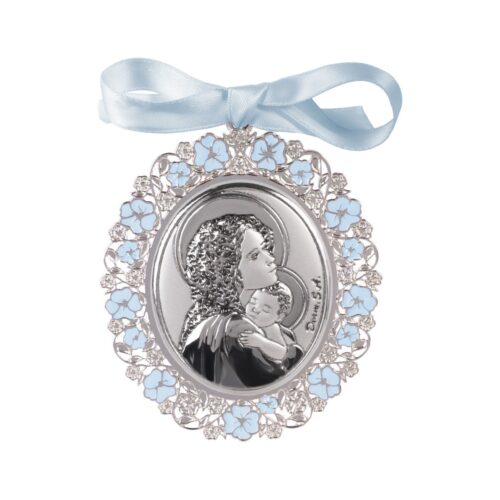 Medalla cuna Virgen niño azul ovalada