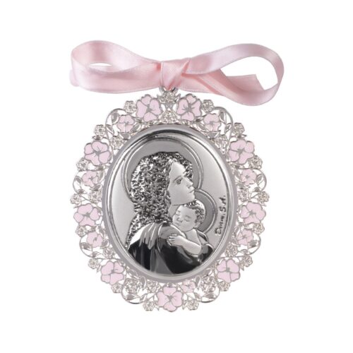 Medalla cuna Virgen con niño rosa ovalada