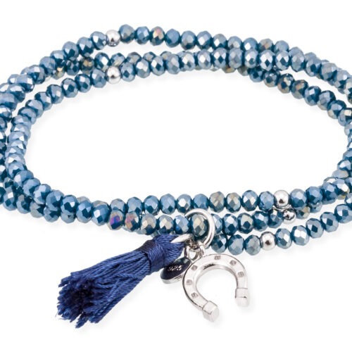 Pulsera Zen de Marina García, Azul London en Plata de Ley Rodiada, con colgante de herradura en plata