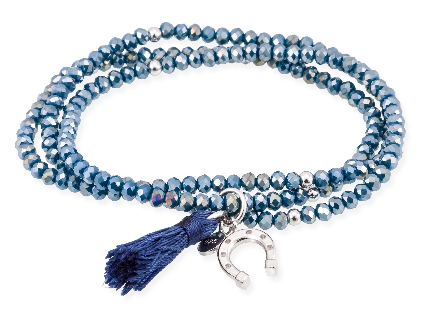 Pulsera Zen de Marina García, Azul London en Plata de Ley Rodiada, con colgante de herradura en plata